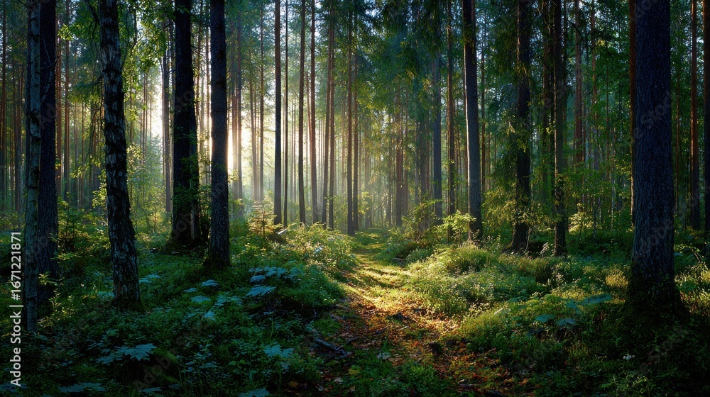 Obraz premium Sunlight in the forest path
