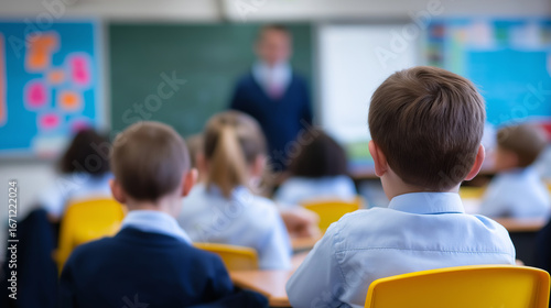 Group of young students attentively listening to a teacher in a bright classroom.
