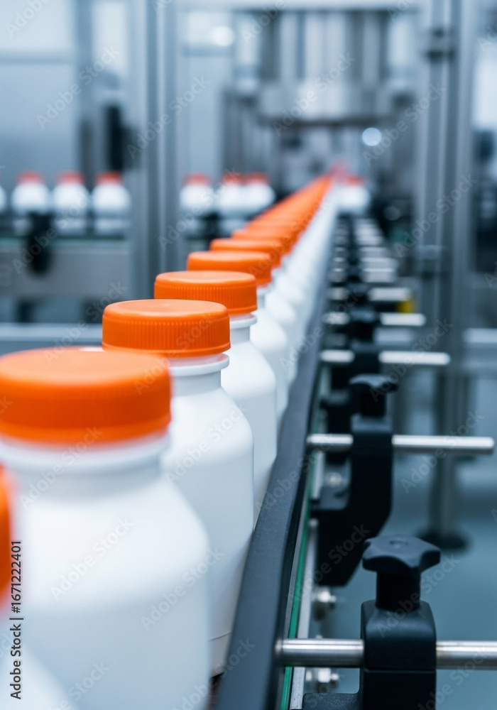 Fototapeta premium Bottles with orange caps moving on a conveyor belt in a pharmaceutical factory