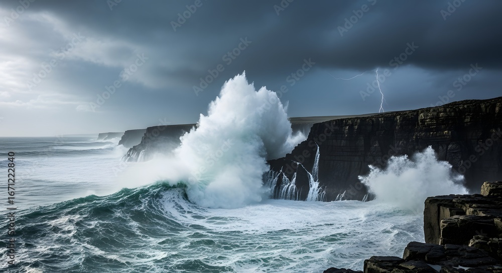 Fototapeta premium Dramatic ocean waves crashing against cliffs during a storm with lightning in the sky.