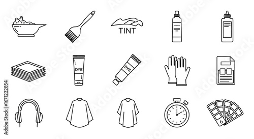 Hair Dyeing Tools and Accessories Outline Illustration
