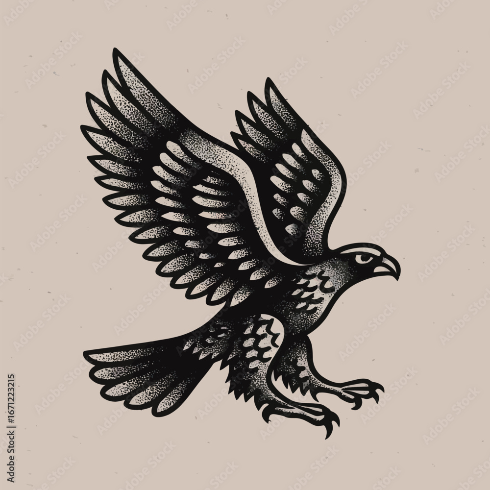 Fototapeta premium A striking illustration of a bird of prey with detailed wings outstretched, capturing the essence of freedom and power. The artwork showcases intricate line work and bold contrasts.