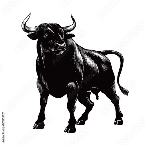 A strong black bull is prominently displayed, showcasing its muscular build and impressive horns. This magnificent animal stands confidently in a green pasture, enjoying the warmth of the sun.