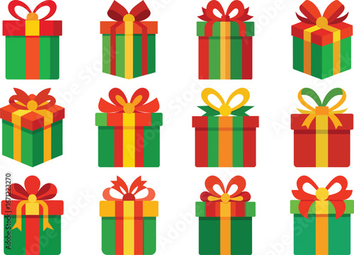 Vector art of assortment of festive christmas gift boxes in green and red with colorful bows
