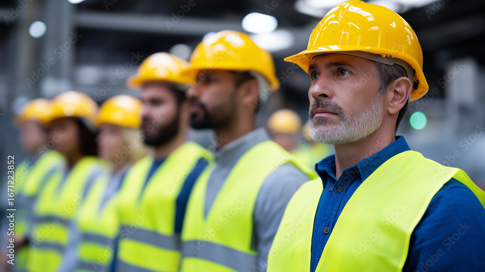 Construction workers in yellow safety vests and helmets standing in line indoors.
Construction workers in yellow safety vests and helmets standing in line indoors.