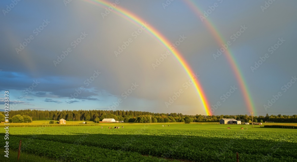 Naklejka premium rainbow over green field