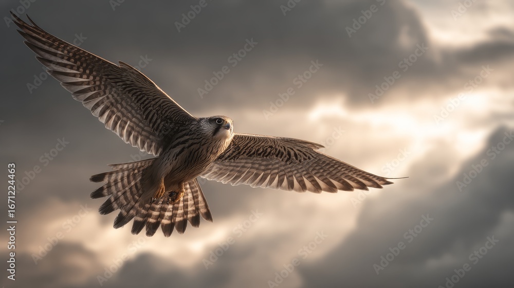 Obraz premium Falcon soaring through sky with wings spread wide, focused eyes on prey, cloudy background with sun breaking through clouds.