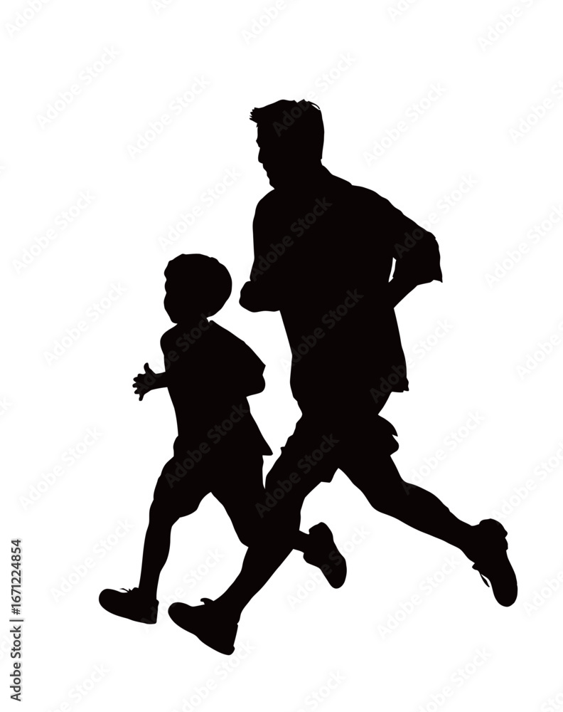 Naklejka premium A father and his young son run side by side, silhouetted against a bright background. Their activity fosters connection and demonstrates the joy of outdoor exercise.