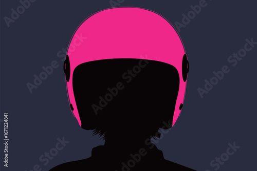A silhouette of a person wearing a bright pink helmet stands out against a dark background. The focus is on the helmets vibrant color and unique style, emphasizing safety and fashion.