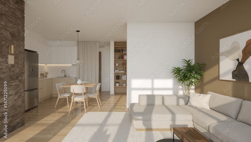 Fototapeta premium Photo of a minimalist apartment interior featuring kitchen and dining area, with sofa and white neutral tone.