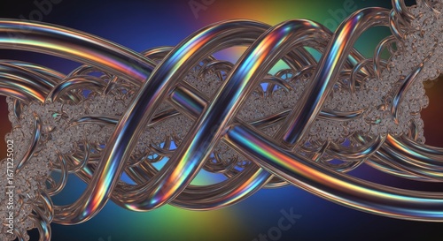 Abstract metallic dna helix with iridescent rainbow colors and textured strands