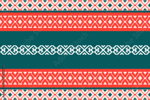 Seamless pixel pattern in red, green, and white with geometric and cross stitch design. Perfect for Christmas and New Year holiday decoration, textile, background, gift wrap, or festive print.