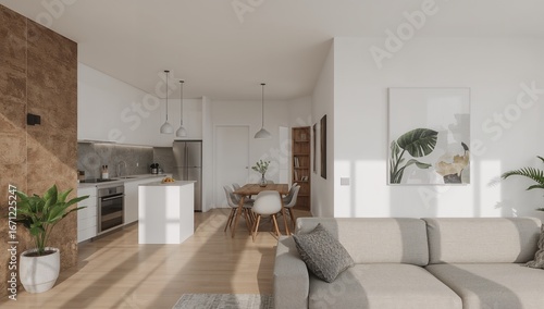 Photo of a minimalist apartment interior featuring kitchen and dining area, with sofa and white neutral tone.