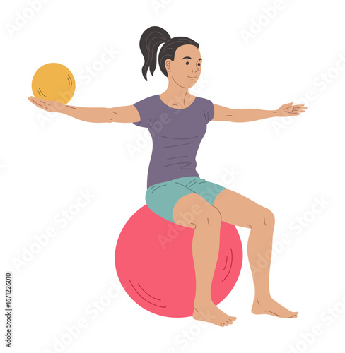 Girl exercising on gym ball with small ball in hand, pediatric physiotherapy
