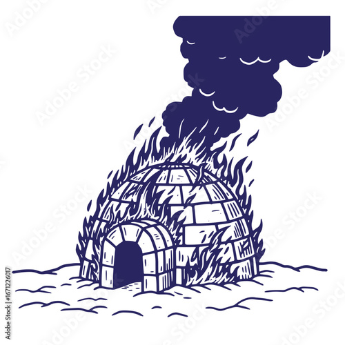Burning igloo graphic illustration representing climate change and global warming destruction