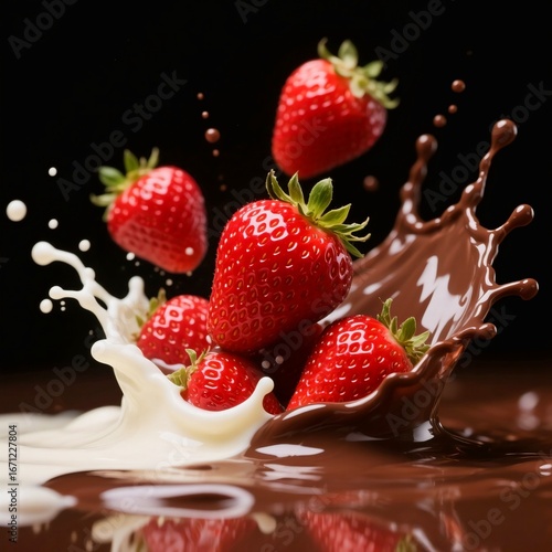 Fresh Strawberries with Cream and Chocolate Splash