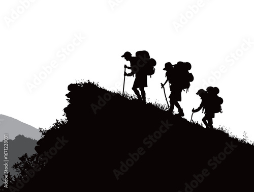 Group of three adventurers stands on a rocky hilltop, silhouetted against a bright backdrop. They carry backpacks and prepare for further exploration in a natural landscape.