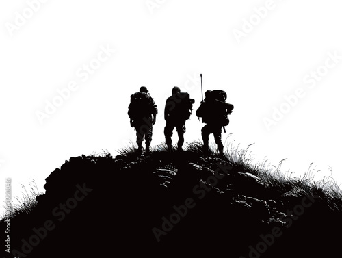 Group of three adventurers stands on a rocky hilltop, silhouetted against a bright backdrop. They carry backpacks and prepare for further exploration in a natural landscape.