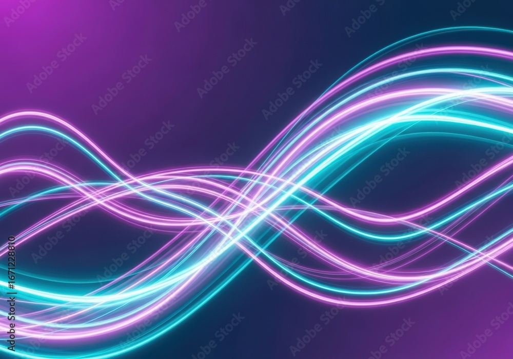 Naklejka premium Abstract neon light trails in swirling patterns with purple and teal colors
