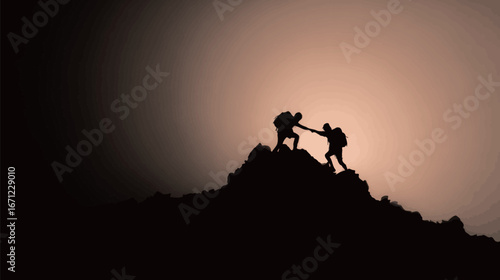 A group of climbers works together to reach the summit of a rocky mountain. The sun shines brightly behind them, creating striking silhouettes and a sense of teamwork and adventure.