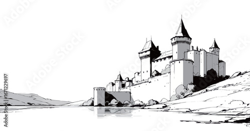 A majestic castle stands atop a gentle hill beside a calm lake. Towering structures and spires reflect a rich history. Lush greenery and distant mountains complete the picturesque landscape.