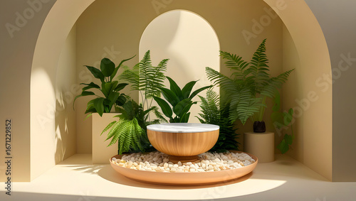 wooden podium tabletop with tropical background for product placement 1