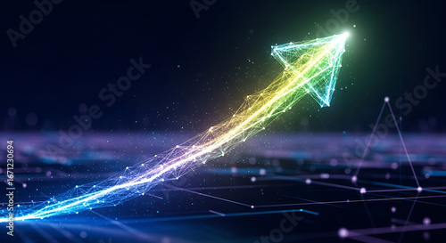 Dynamic glowing arrow rising upwards, symbolizing growth, progress, and success in business, finance, and technology, with vibrant colors