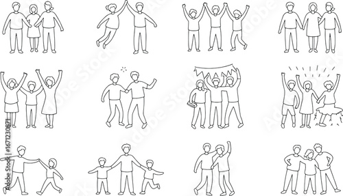 Line art illustrations of diverse people celebrating together with raised arms and high fives