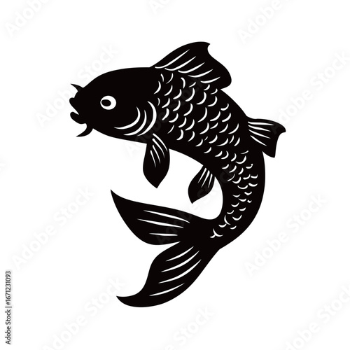 A black silhouette of a fish is depicted in mid-swim, showcasing intricate scales and fins. The elegant design highlights the grace of aquatic life, emphasizing its natural beauty.