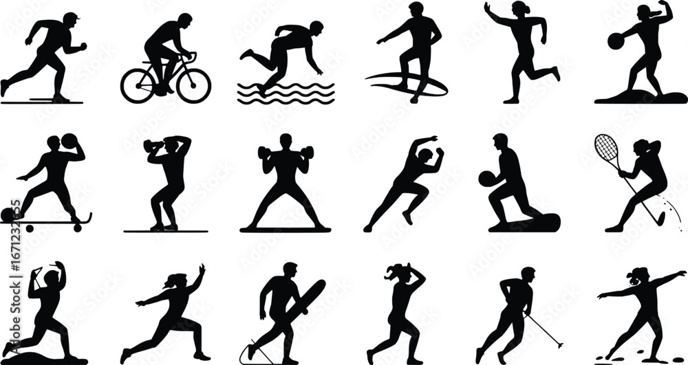 Naklejka premium Diverse collection of athletic silhouettes showcasing a wide range of sports and activities