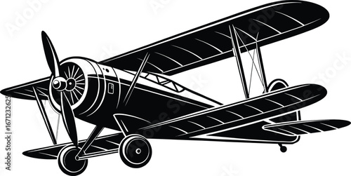 Vintage biplane aircraft flying high with intricate detail woodcut style artistic representation