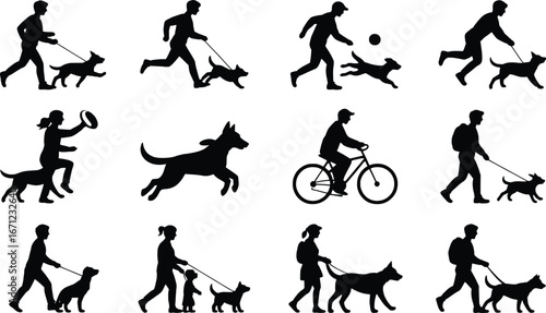 Silhouettes of people walking dogs engaging in various activities and poses