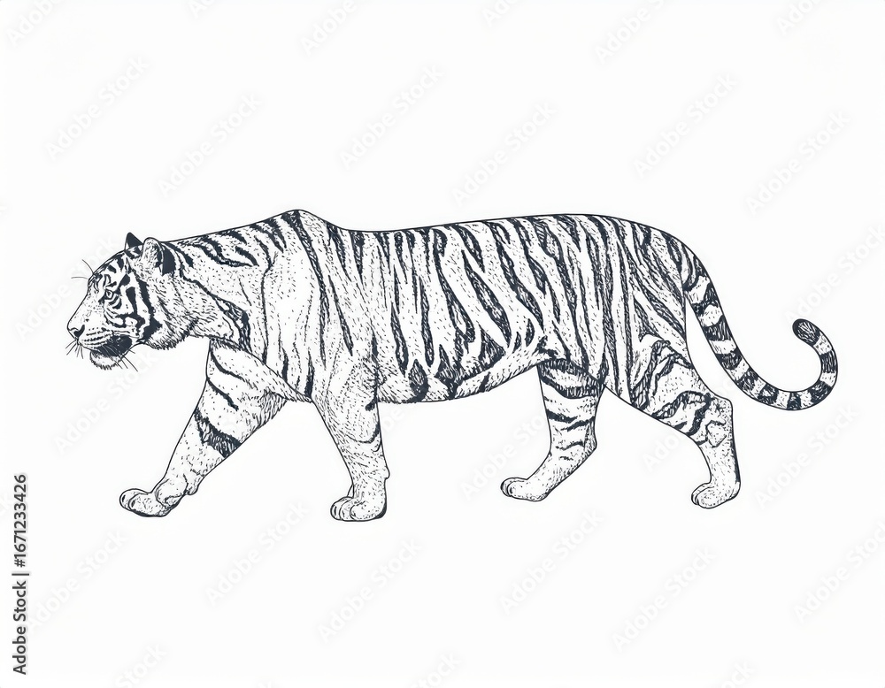 Naklejka premium Elegant Tiger Stride Detailed HandDrawn Illustration in Black Ink.
