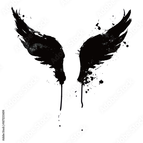 Two black wings with paint splatters creatively arranged on a white background. The design conveys a sense of freedom and artistic flair, emphasizing contrast and movement.