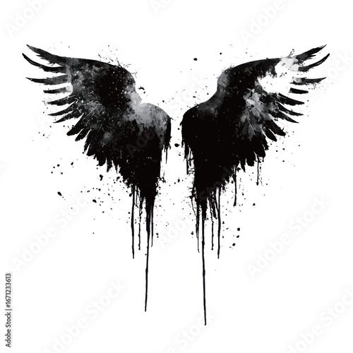 Two black wings with paint splatters creatively arranged on a white background. The design conveys a sense of freedom and artistic flair, emphasizing contrast and movement.