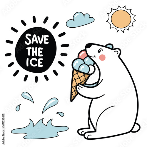 polar bear with ice cream concept of global warming