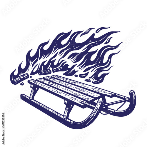 Illustrated depiction of a vintage wooden sled with burning firewood in a stylistic design