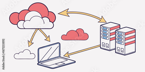 Cloud computing network diagram showing data transfer between cloud servers and a laptop computer