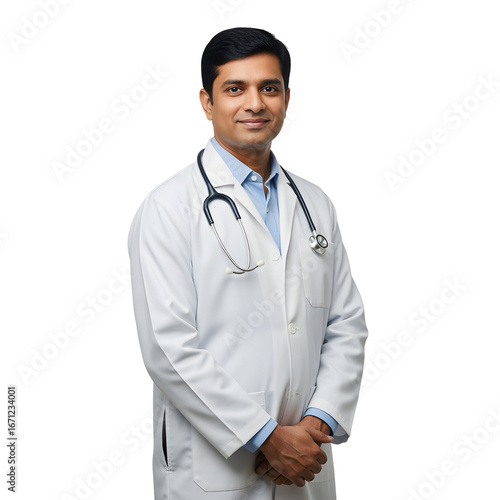 An Indian man in a white doctors coat and a stethoscope smiles on white or transparent background