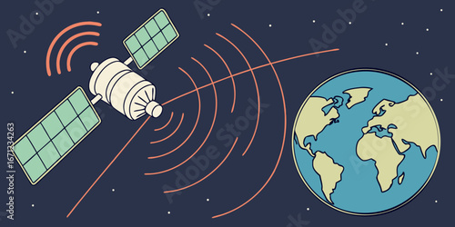 Illustration of a satellite transmitting signals towards earth in outer space setting view