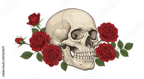 Memento Mori Skull Surrounded by Vibrant Red Roses Symbolizing Life and Death Isolated on Transparent Background
