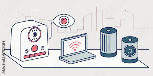 Illustration showcasing a retro radio, eye, laptop with wifi, and two cylindrical speakers on a shelf