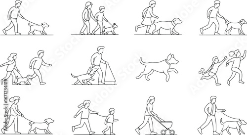 Vintage line art scenes of people training dogs and playing with canine companions