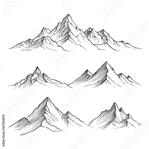 A beautifully detailed black and white illustration of mountainous landscapes, emphasizing sharp peaks and natural contours. This artwork captures the grandeur and tranquility of natures formations.