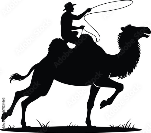 Silhouette of cowboy riding a camel with lasso in a desert landscape