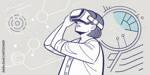 Person wearing a virtual reality headset looking up with futuristic interface elements around her