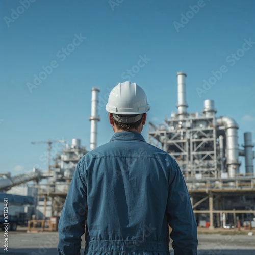 Industrial engineer in a hard hat looking at a large factory.