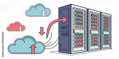 Illustration of data transfer between cloud storage and server racks with arrow indicators