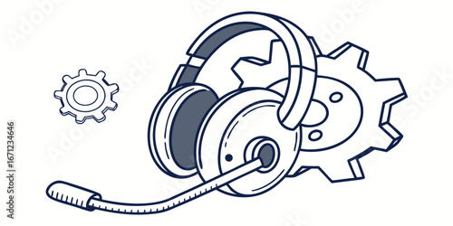 Illustration of a headset with a microphone next to gears representing technical support service