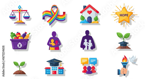 Social Issues Icons of Equality, Hope, and Support